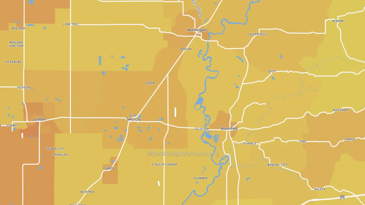 Map of the best neighborhoods in the Greene County area, with better matches in green and worse matches in red