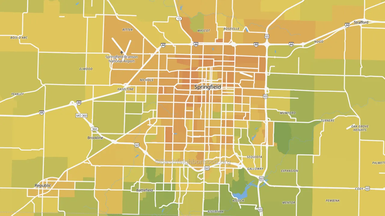 Map of the best neighborhoods in the Greene County area, with better matches in green and worse matches in red