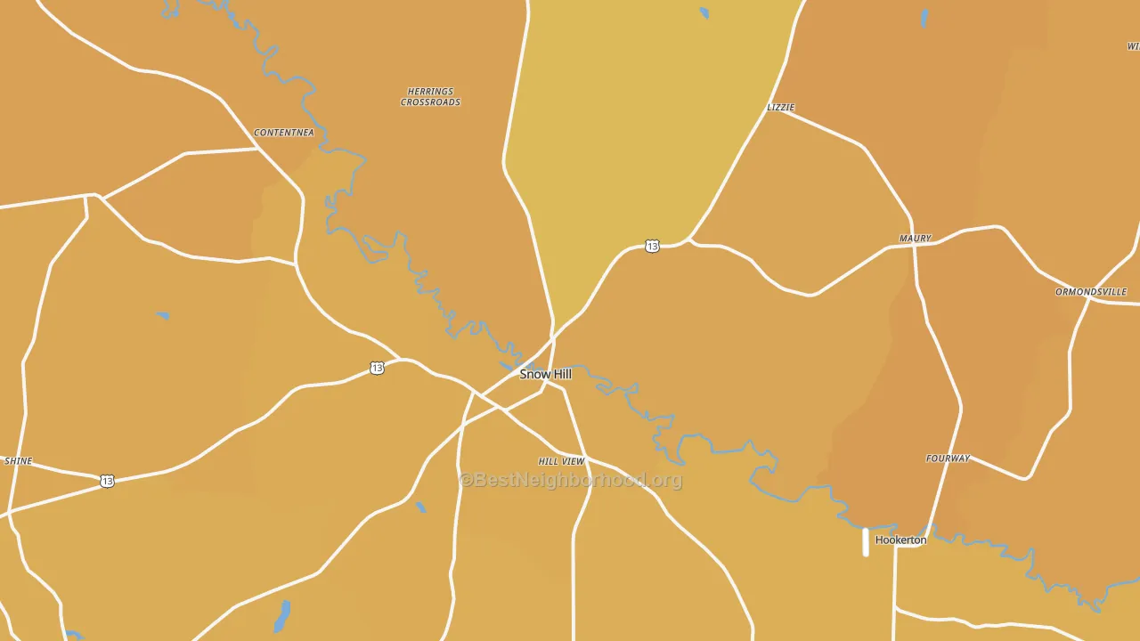 Map of the best neighborhoods in the Greene County area, with better matches in green and worse matches in red