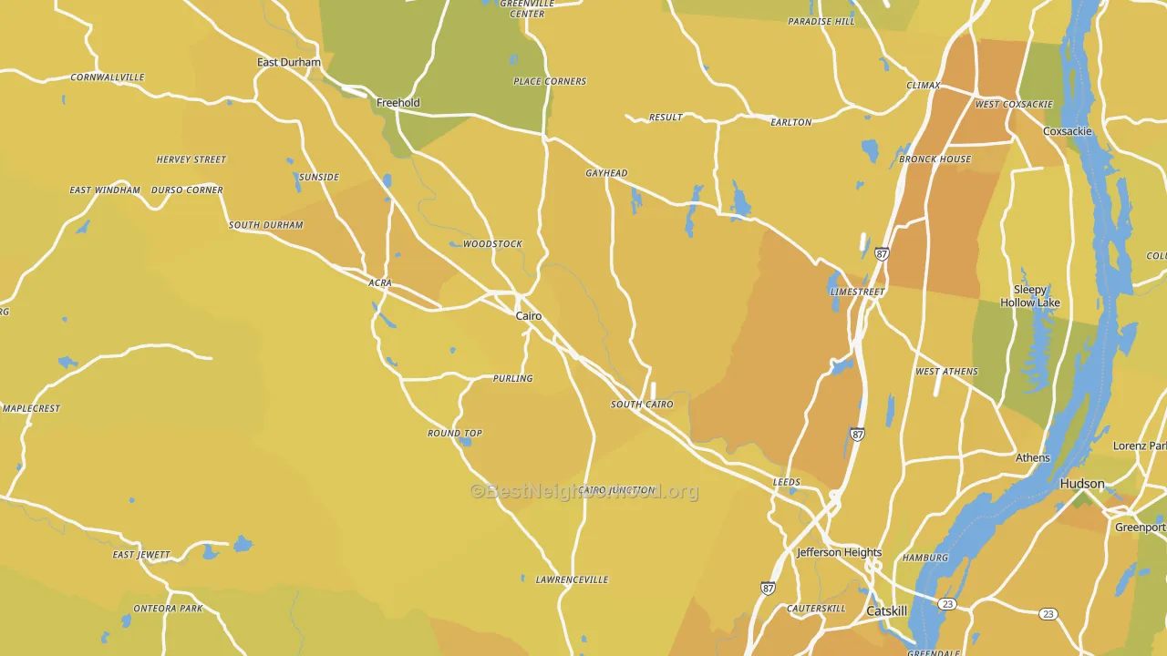 Map of the best neighborhoods in the Greene County area, with better matches in green and worse matches in red