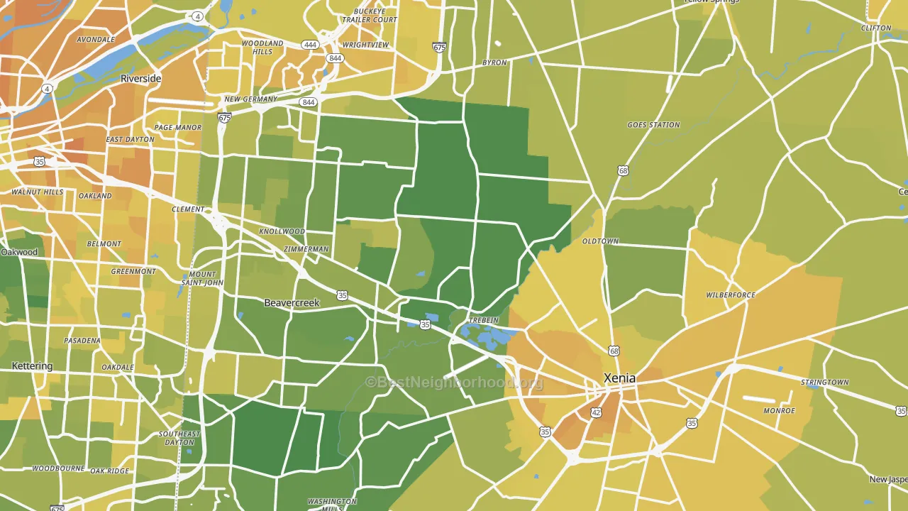Map of the best neighborhoods in the Greene County area, with better matches in green and worse matches in red
