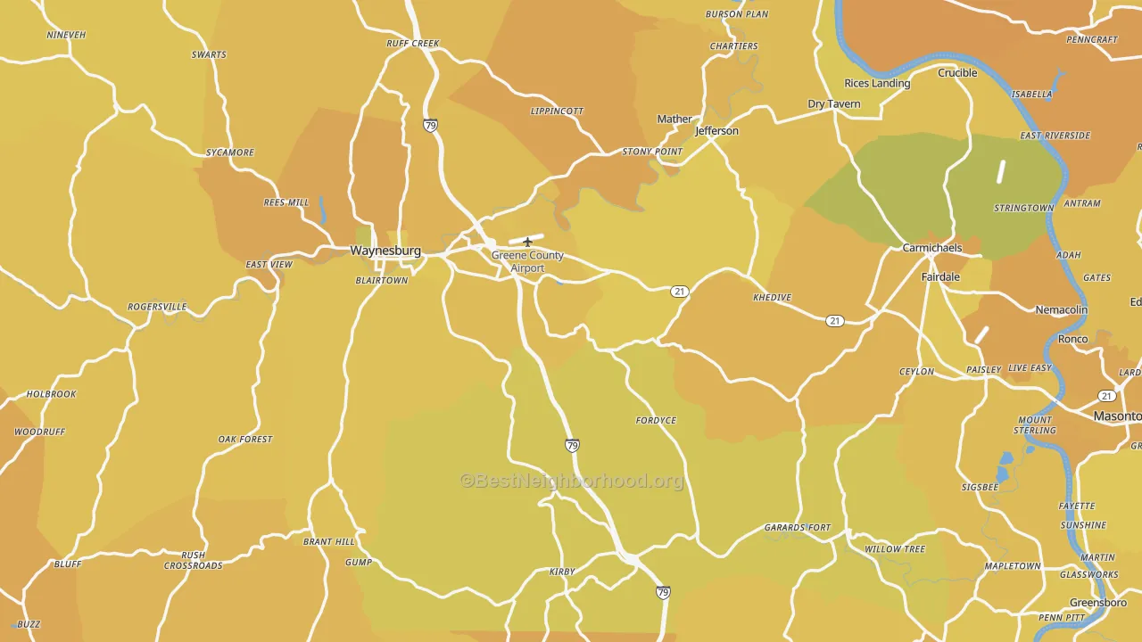 Map of the best neighborhoods in the Greene County area, with better matches in green and worse matches in red