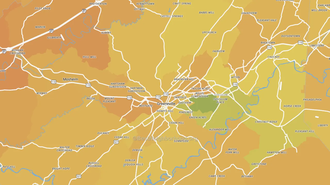 Map of the best neighborhoods in the Greene County area, with better matches in green and worse matches in red