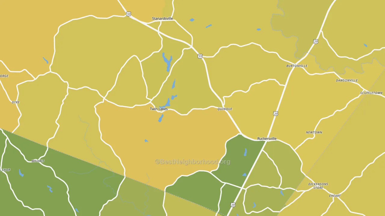 Map of the best neighborhoods in the Greene County area, with better matches in green and worse matches in red