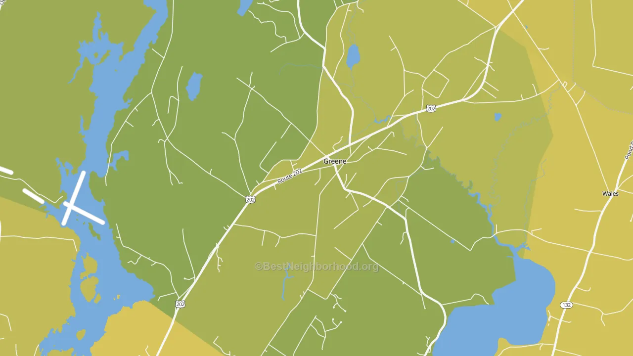 Map of the best neighborhoods in the Greene area, with better matches in green and worse matches in red