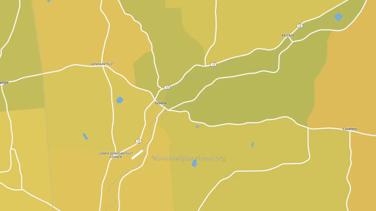 Map of the best neighborhoods in the Greene area, with better matches in green and worse matches in red