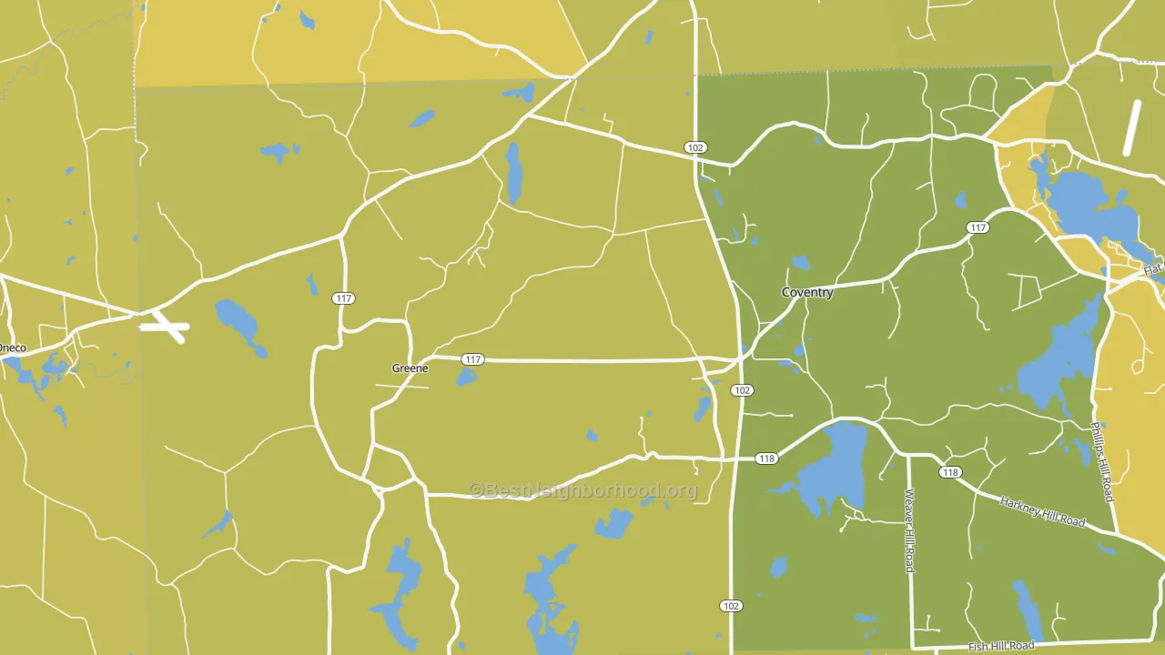 Map of the best neighborhoods in the Greene area, with better matches in green and worse matches in red