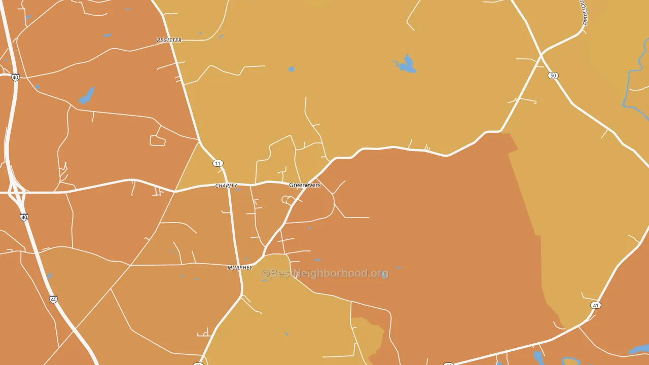 Map of the best neighborhoods in the Greenevers area, with better matches in green and worse matches in red