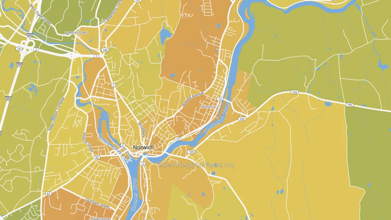 Map of the best neighborhoods in the Greeneville Historic District, Norwich area, with better matches in green and worse matches in red