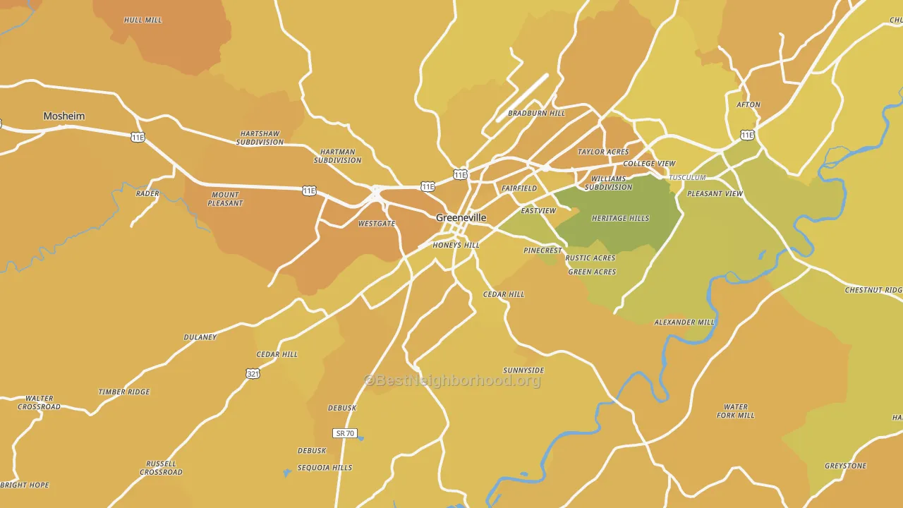 Map of the best neighborhoods in the Greeneville area, with better matches in green and worse matches in red