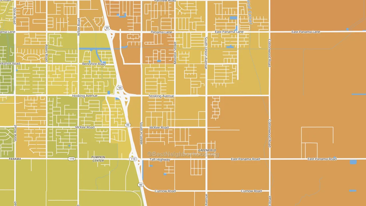 Map of the best neighborhoods in the Greenfield, Bakersfield area, with better matches in green and worse matches in red