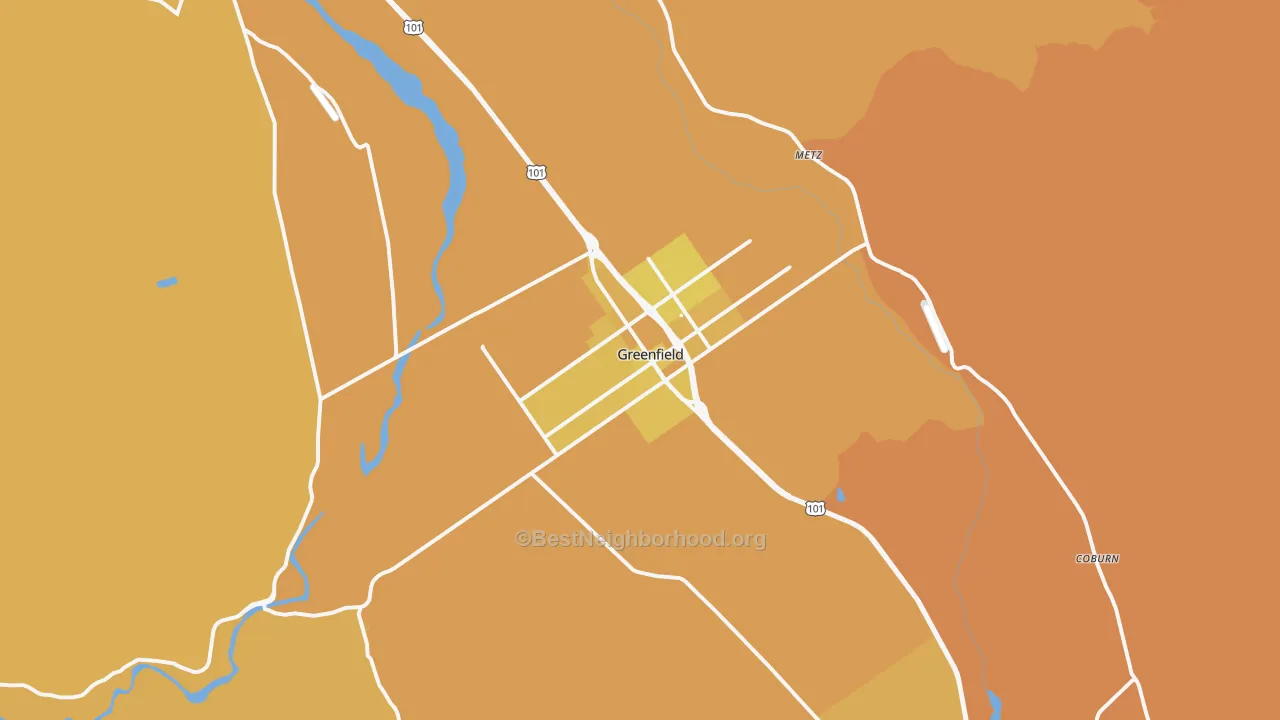 Map of the best neighborhoods in the Greenfield area, with better matches in green and worse matches in red