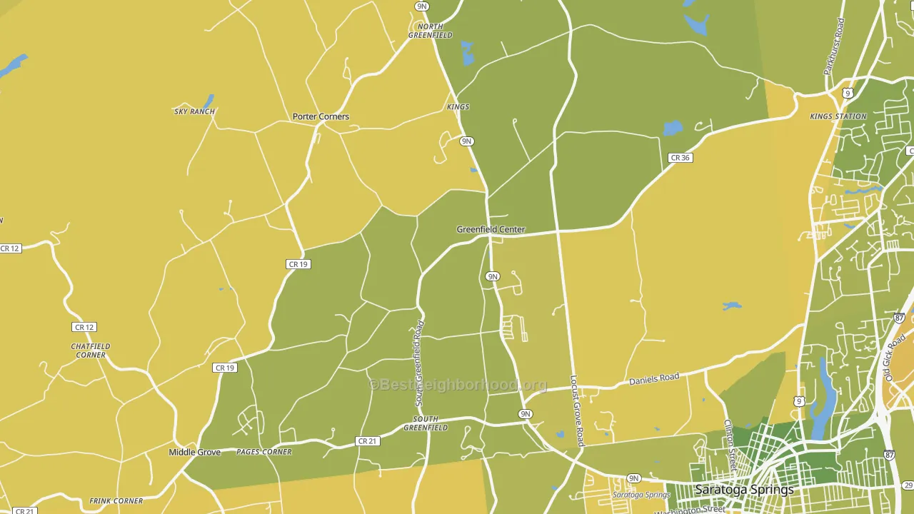 Map of the best neighborhoods in the Greenfield Center area, with better matches in green and worse matches in red