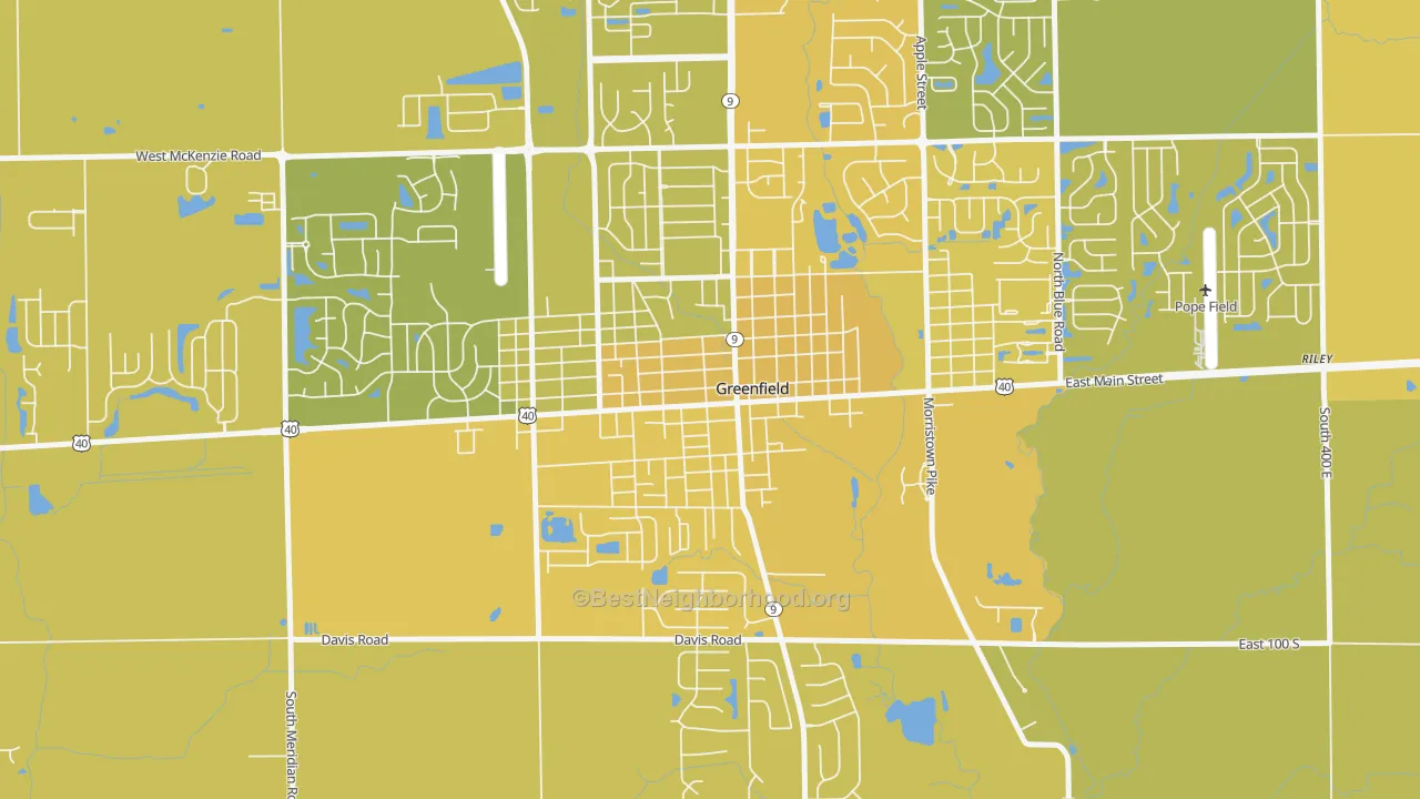 Map of the best neighborhoods in the Greenfield Courthouse Square Historic District, Greenfield area, with better matches in green and worse matches in red