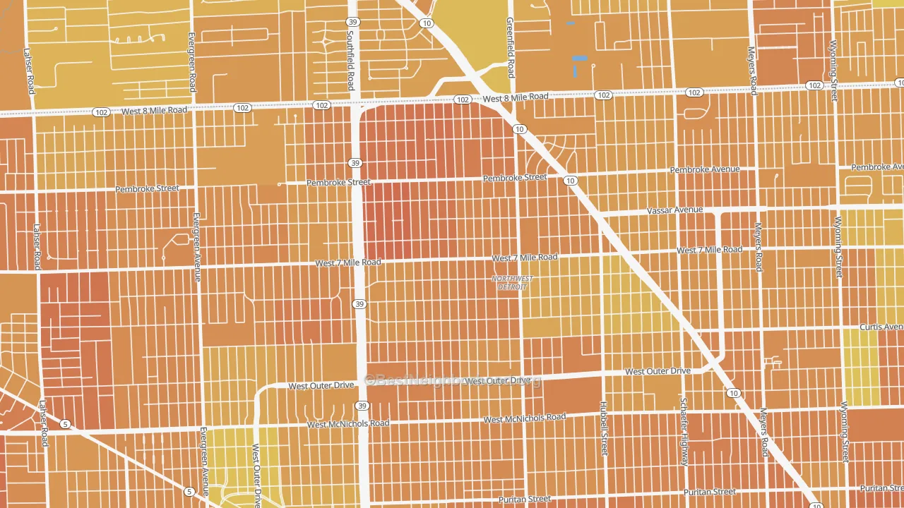 Map of the best neighborhoods in the Greenfield, Detroit area, with better matches in green and worse matches in red
