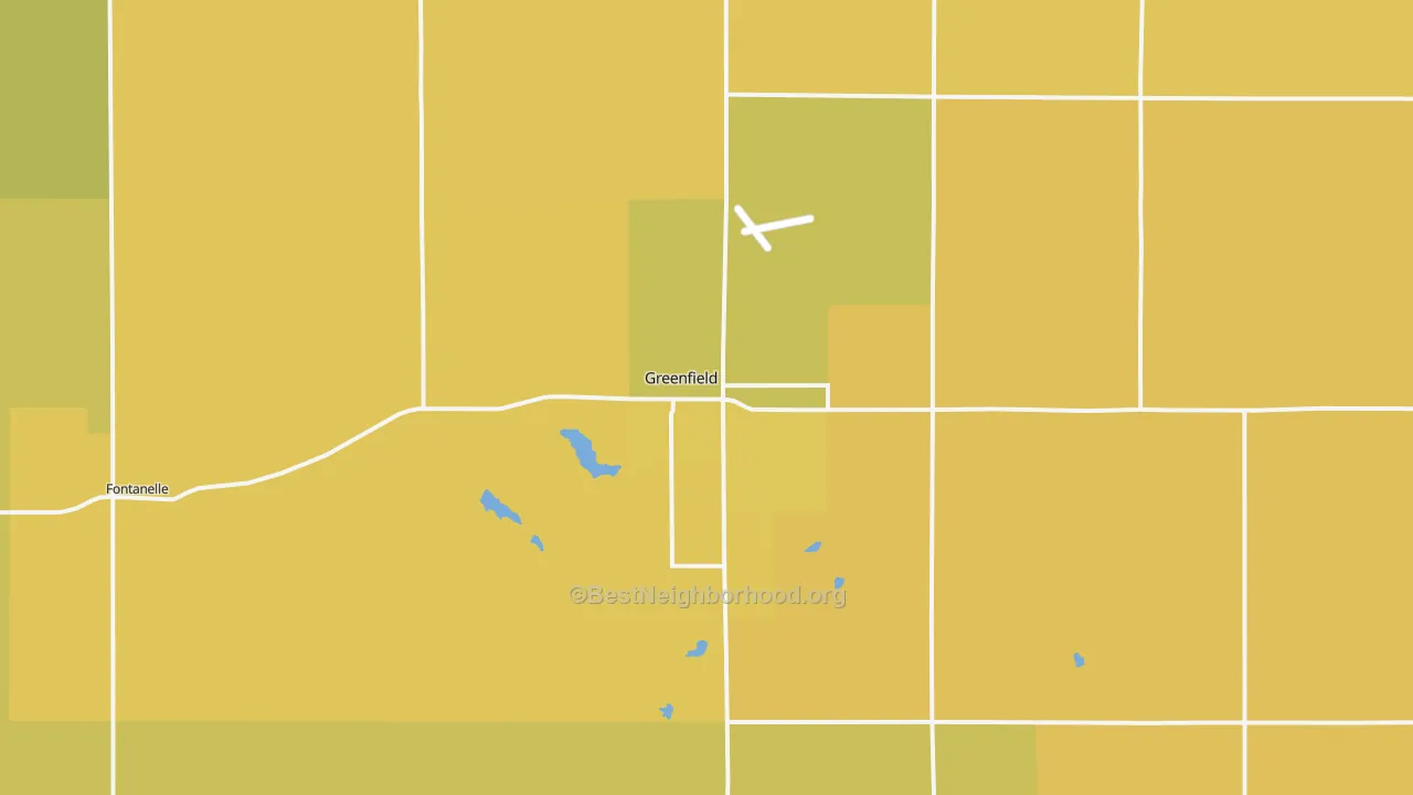 Map of the best neighborhoods in the Greenfield area, with better matches in green and worse matches in red