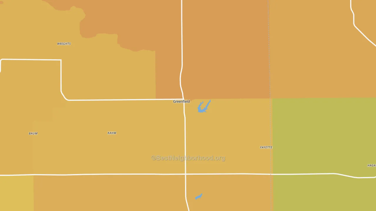 Map of the best neighborhoods in the Greenfield area, with better matches in green and worse matches in red