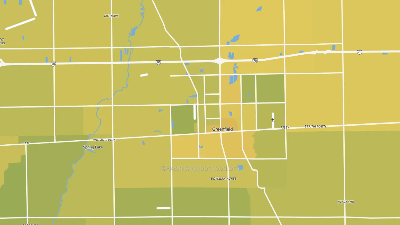 Map of the best neighborhoods in the Greenfield area, with better matches in green and worse matches in red