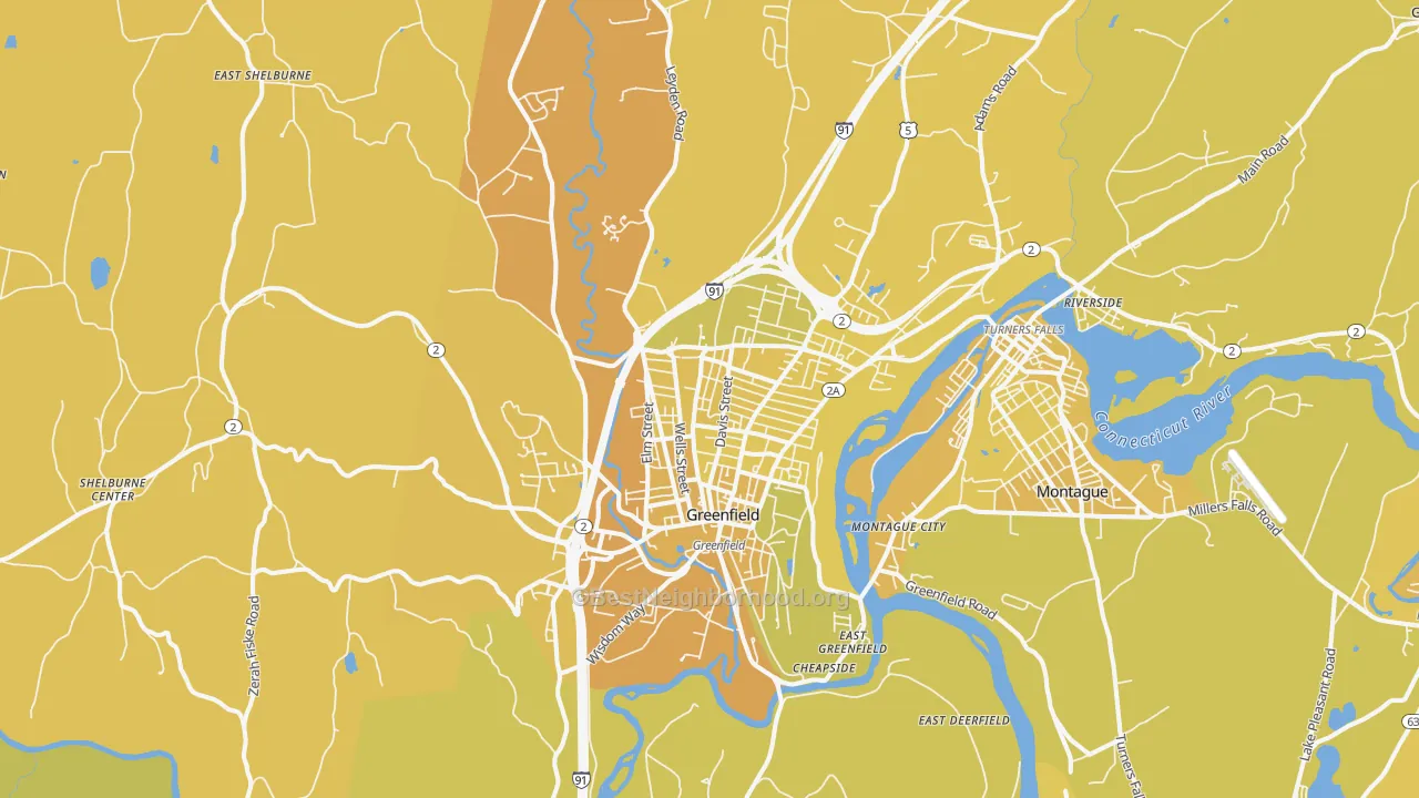 Map of the best neighborhoods in the Greenfield area, with better matches in green and worse matches in red