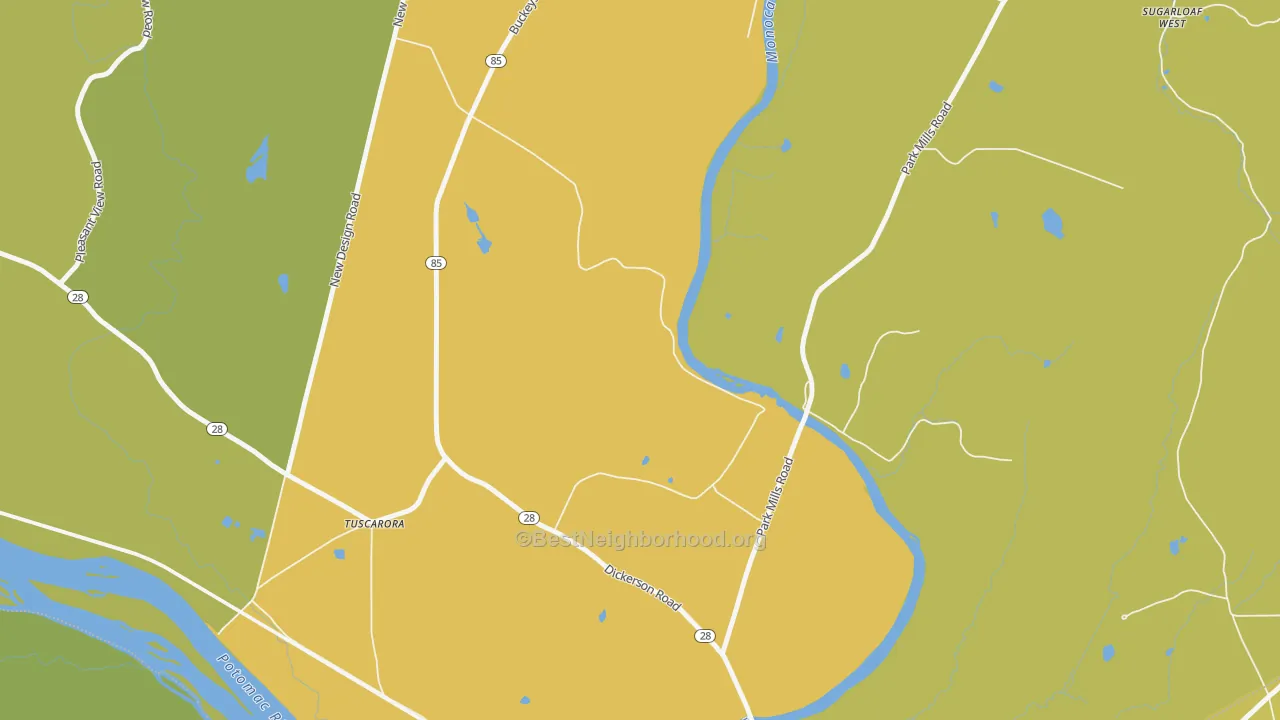 Map of the best neighborhoods in the Greenfield Mills area, with better matches in green and worse matches in red
