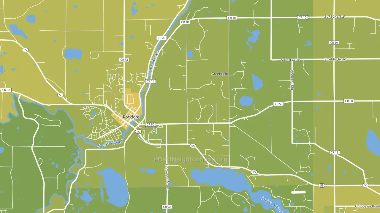 Map of the best neighborhoods in the Greenfield area, with better matches in green and worse matches in red