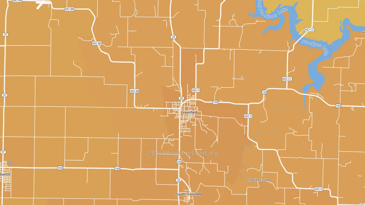 Map of the best neighborhoods in the Greenfield area, with better matches in green and worse matches in red