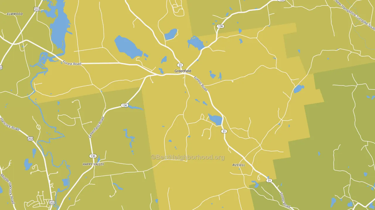 Map of the best neighborhoods in the Greenfield area, with better matches in green and worse matches in red