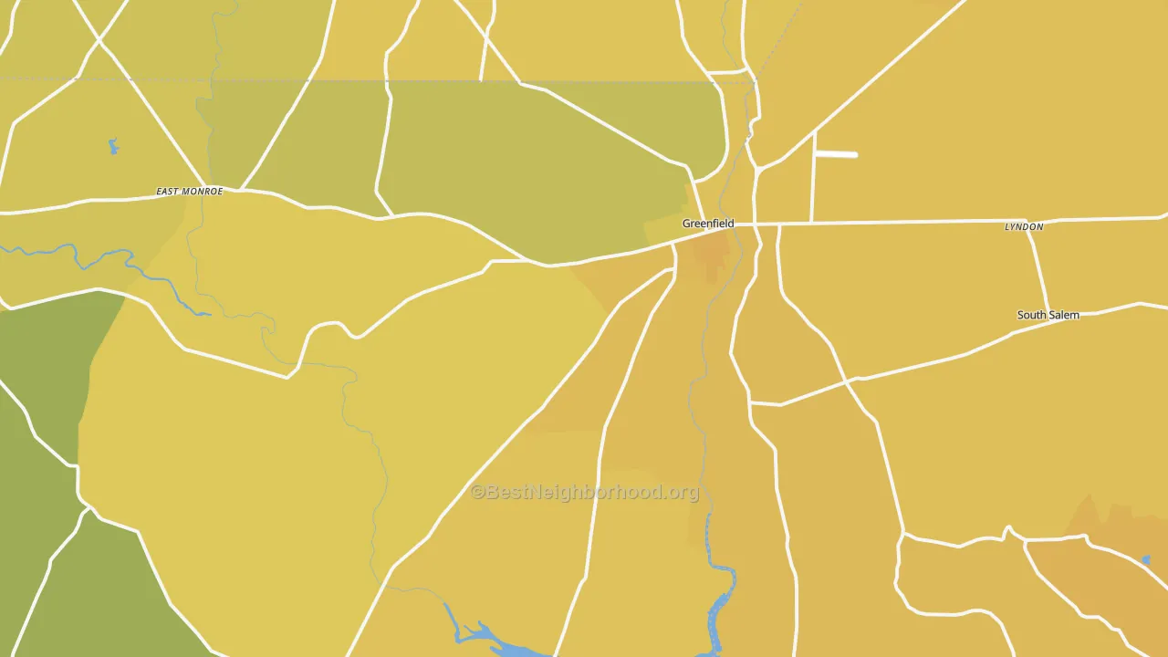 Map of the best neighborhoods in the Greenfield area, with better matches in green and worse matches in red