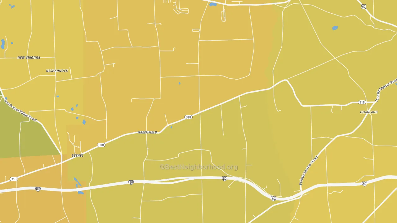Map of the best neighborhoods in the Greenfield area, with better matches in green and worse matches in red