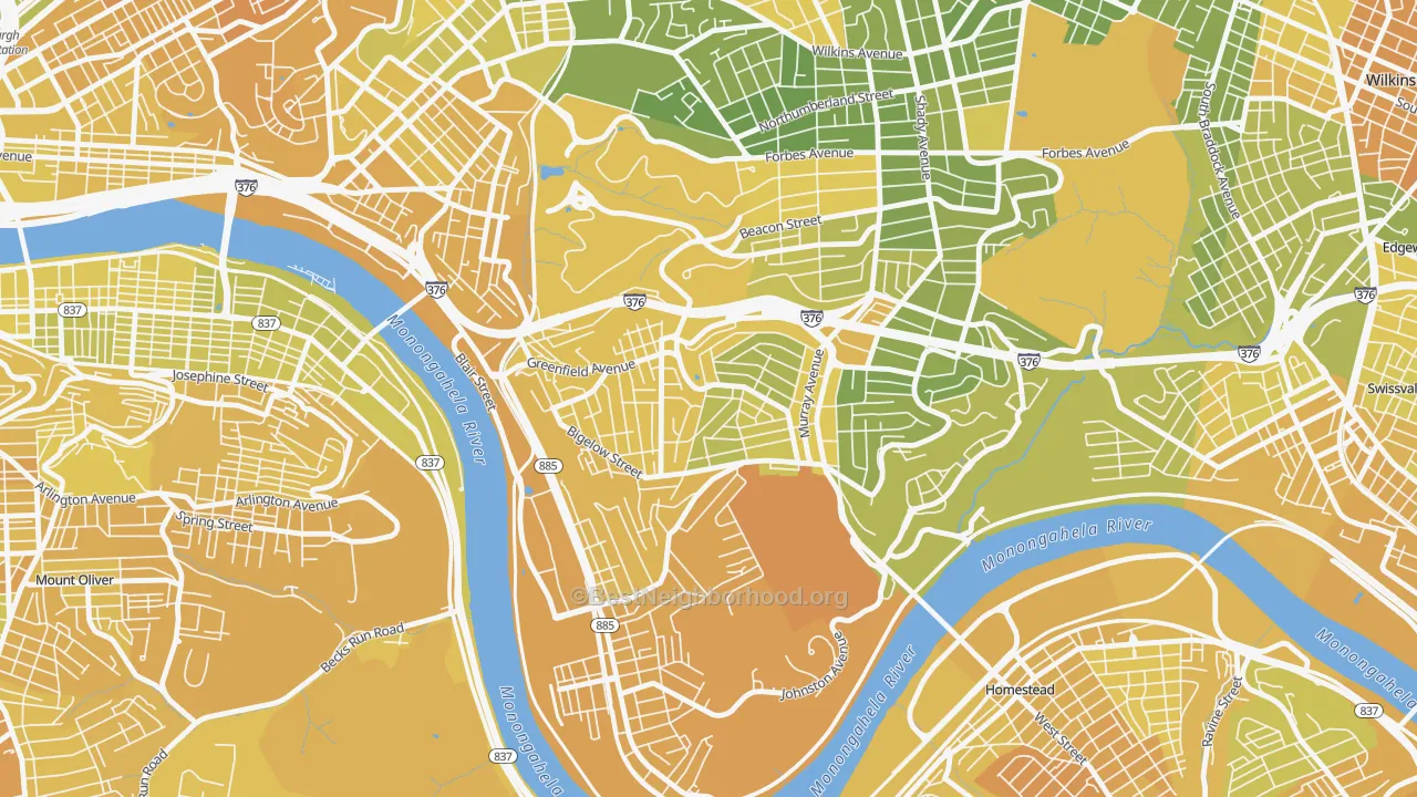Map of the best neighborhoods in the Greenfield, Pittsburgh area, with better matches in green and worse matches in red