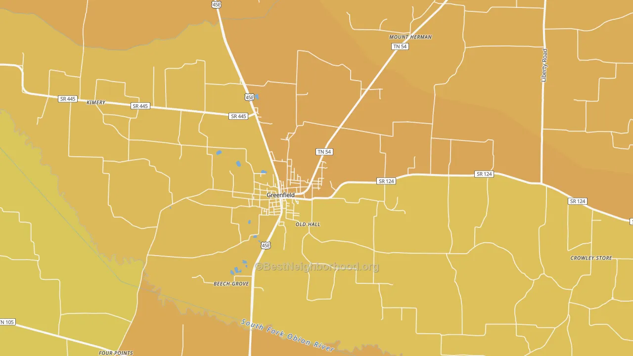 Map of the best neighborhoods in the Greenfield area, with better matches in green and worse matches in red