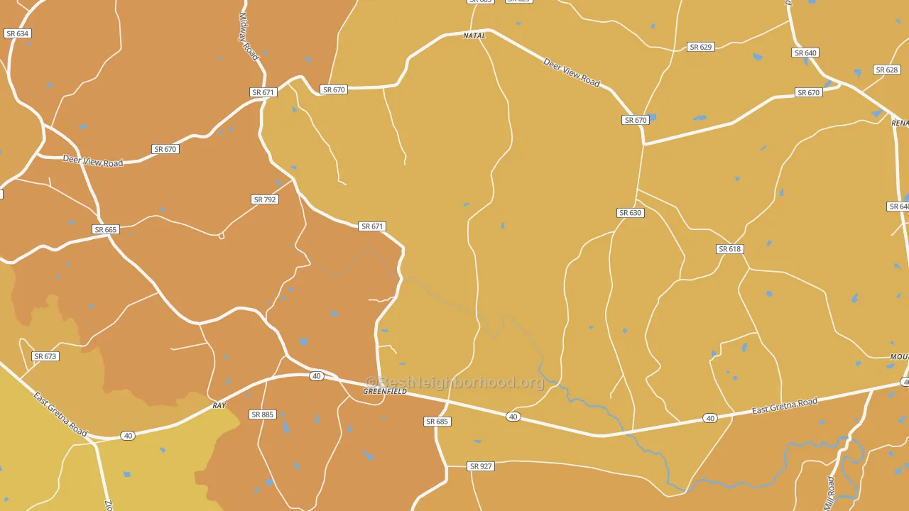 Map of the best neighborhoods in the Greenfield area, with better matches in green and worse matches in red