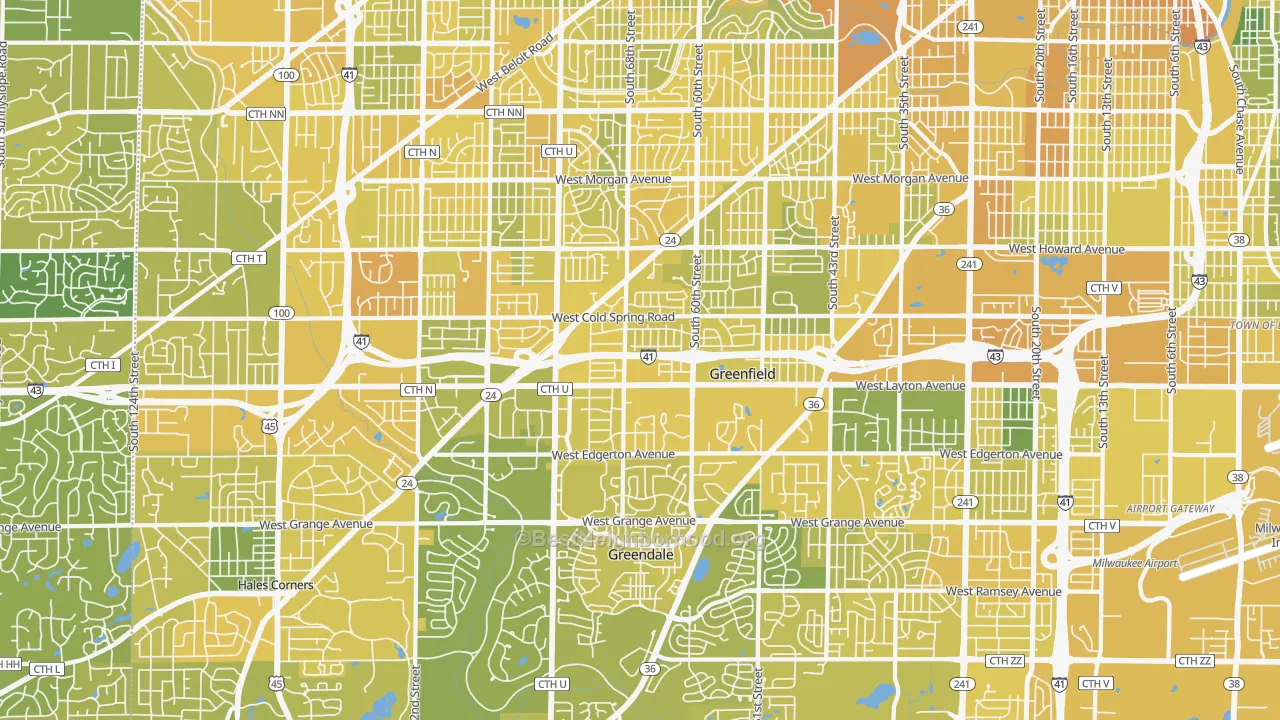 Map of the best neighborhoods in the Greenfield area, with better matches in green and worse matches in red