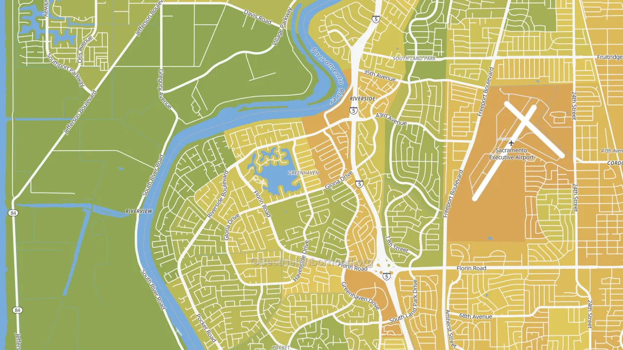 Map of the best neighborhoods in the Greenhaven, Sacramento area, with better matches in green and worse matches in red