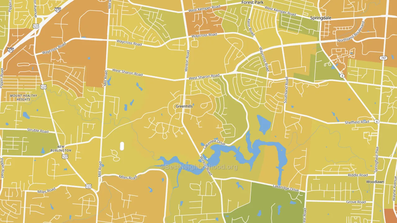 Map of the best neighborhoods in the Greenhills area, with better matches in green and worse matches in red