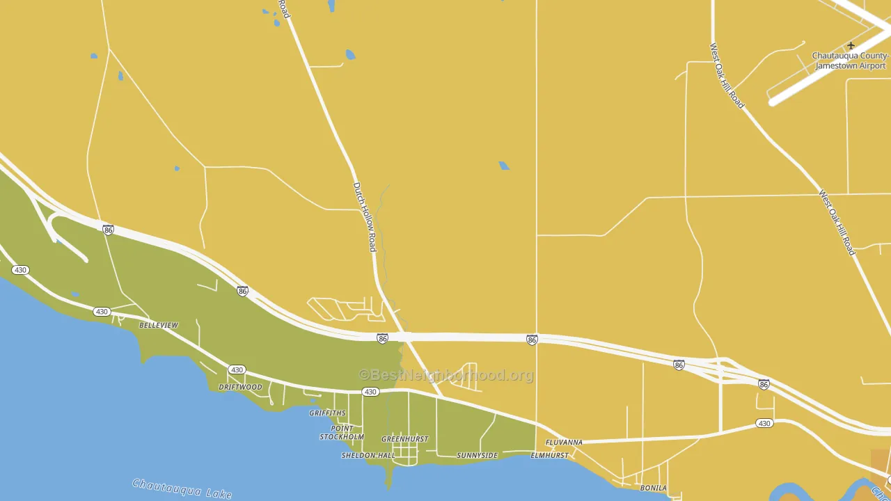 Map of the best neighborhoods in the Greenhurst area, with better matches in green and worse matches in red