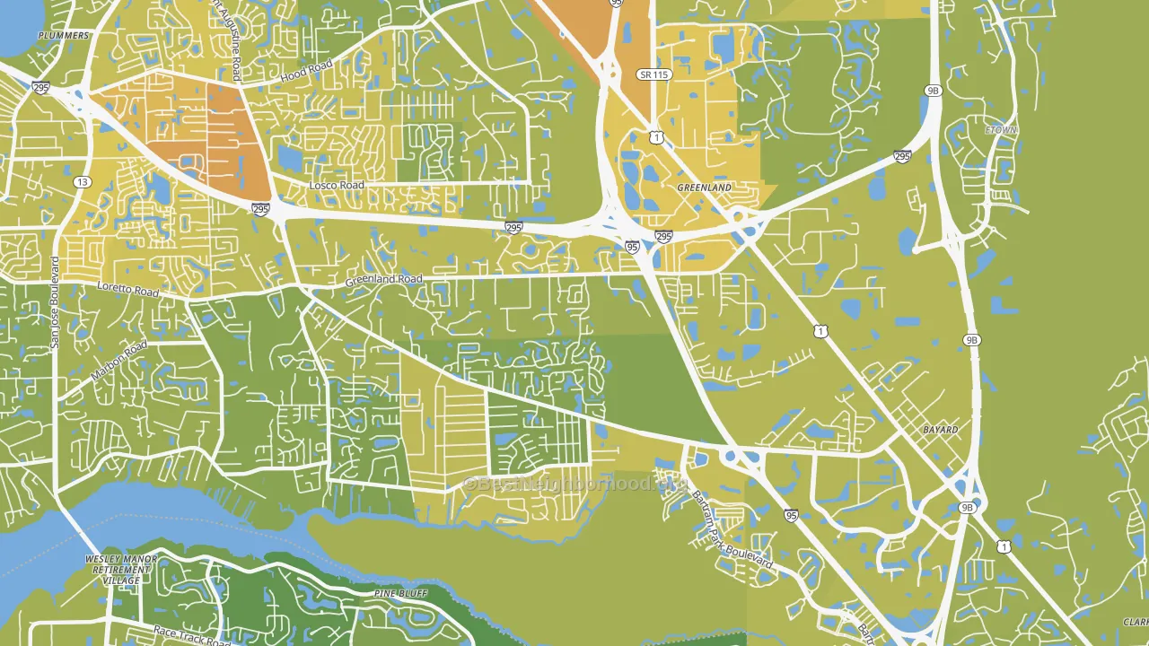 Map of the best neighborhoods in the Greenland, Jacksonville area, with better matches in green and worse matches in red