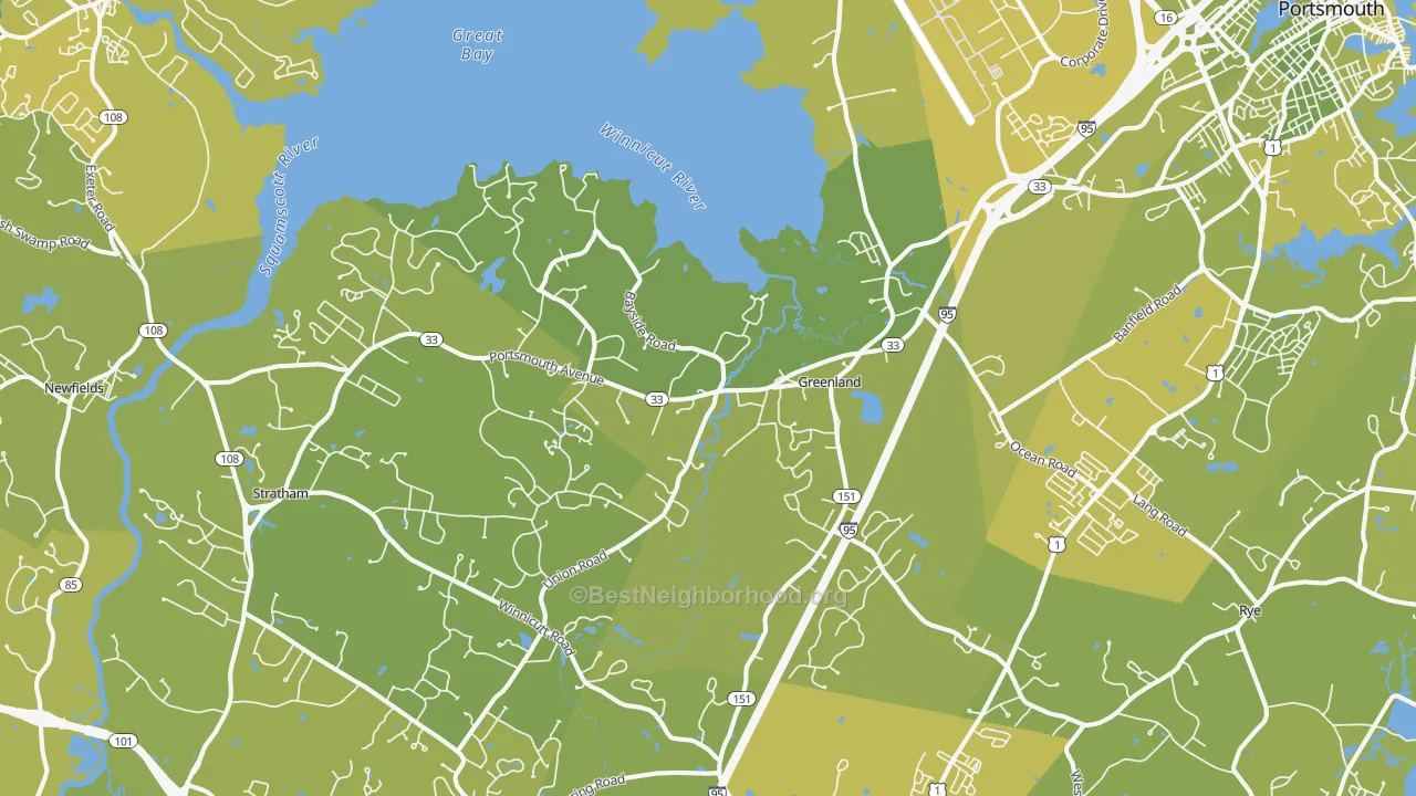 Map of the best neighborhoods in the Greenland area, with better matches in green and worse matches in red