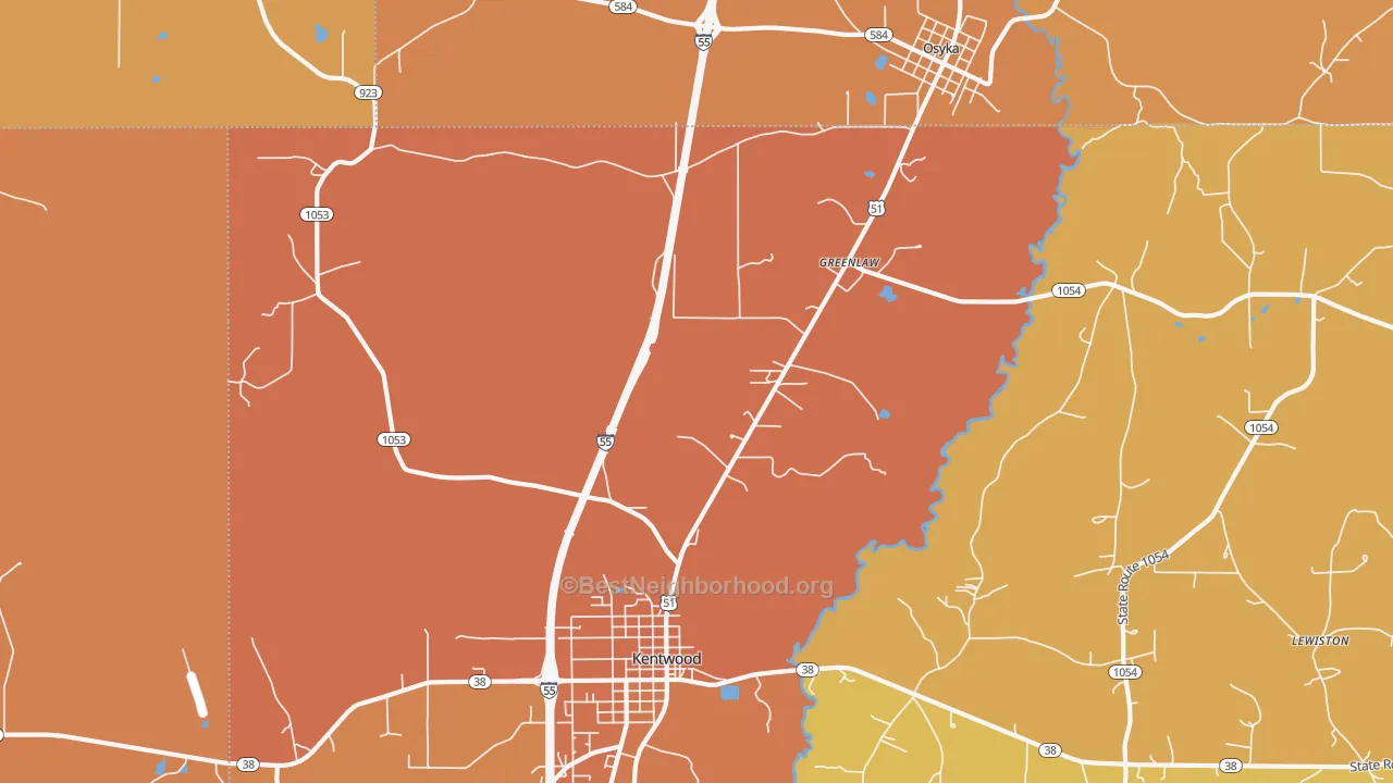 Map of the best neighborhoods in the Greenlaw area, with better matches in green and worse matches in red