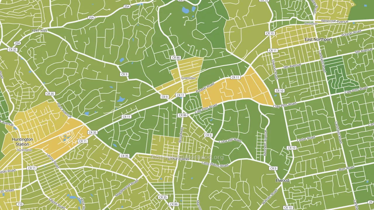 Map of the best neighborhoods in the Greenlawn area, with better matches in green and worse matches in red