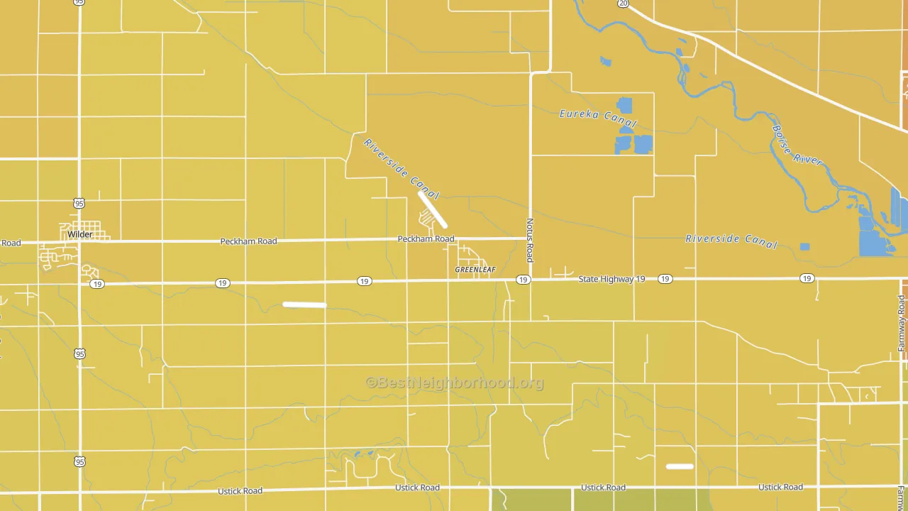 Map of the best neighborhoods in the Greenleaf area, with better matches in green and worse matches in red