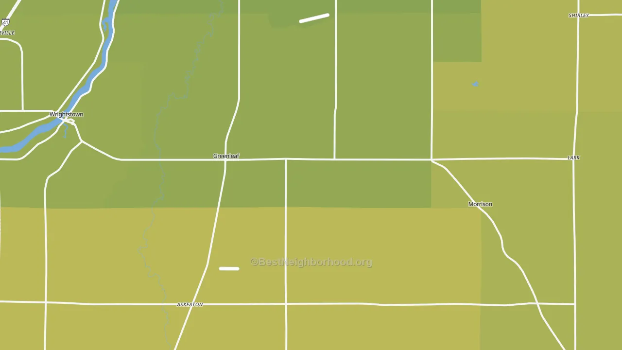 Map of the best neighborhoods in the Greenleaf area, with better matches in green and worse matches in red