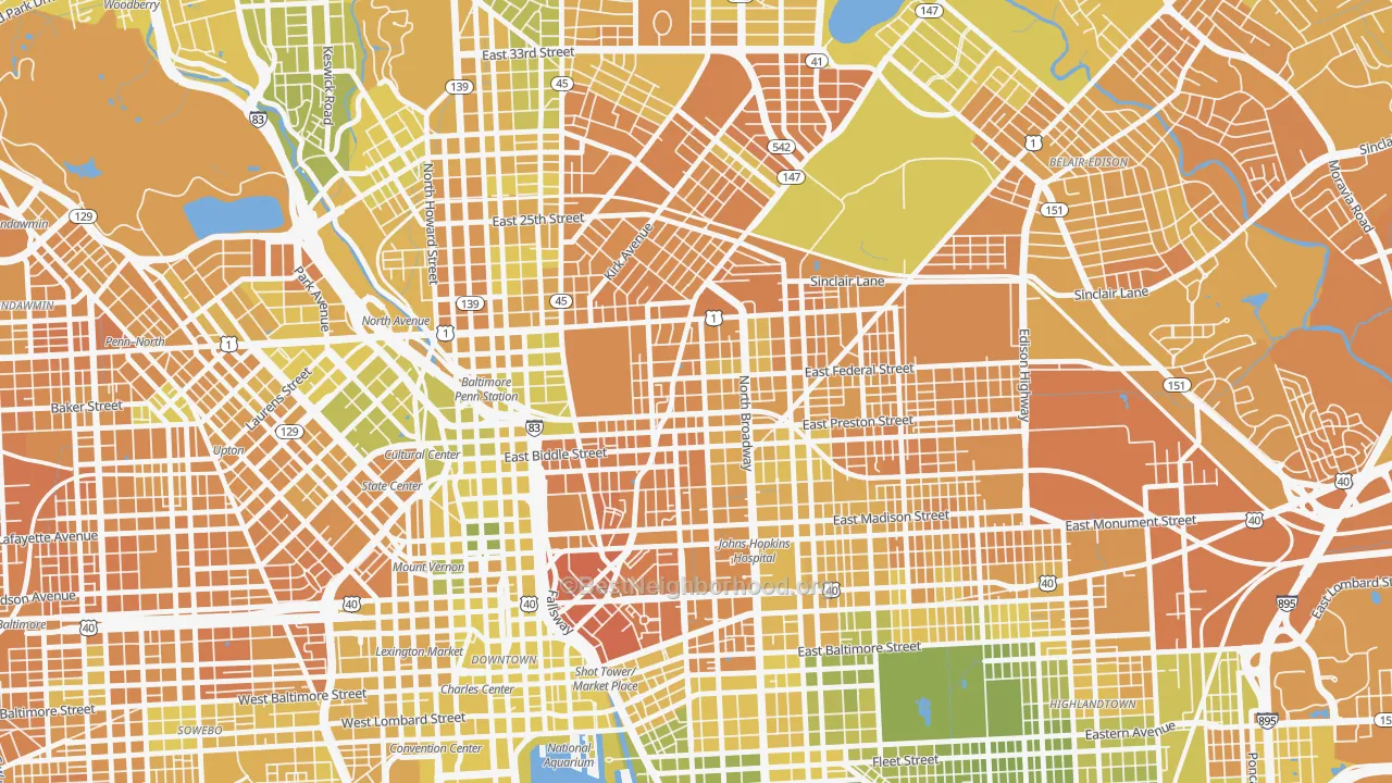 Map of the best neighborhoods in the Greenmount, Baltimore area, with better matches in green and worse matches in red