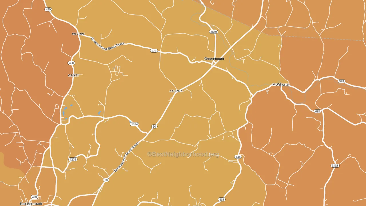 Map of the best neighborhoods in the Greenmount area, with better matches in green and worse matches in red
