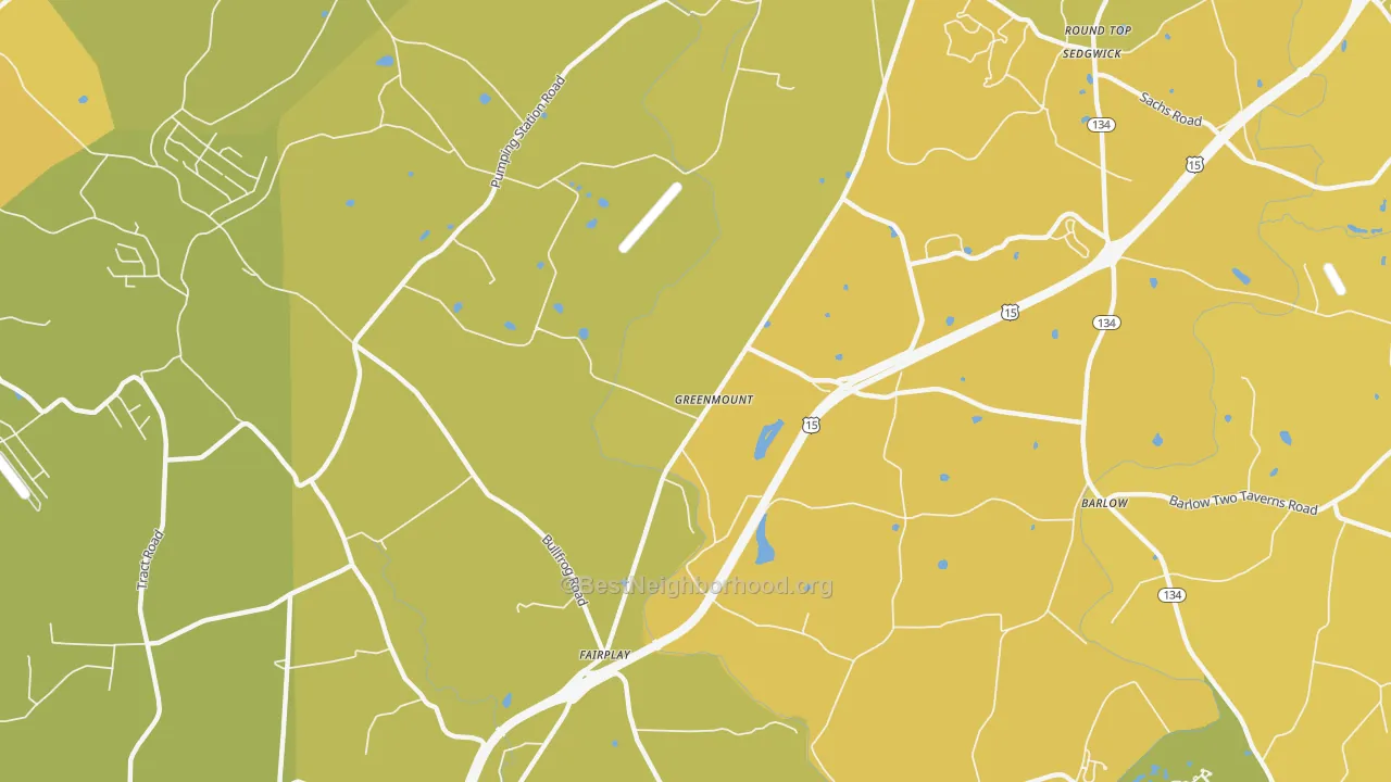 Map of the best neighborhoods in the Greenmount area, with better matches in green and worse matches in red