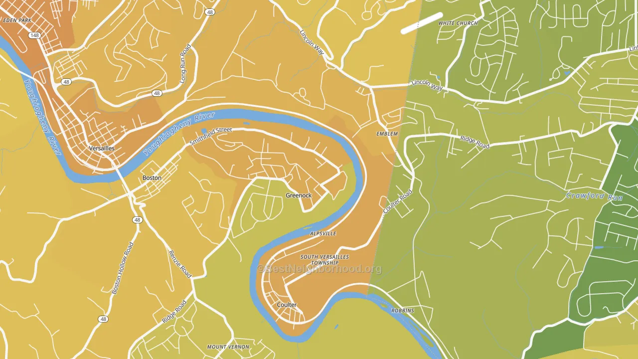 Map of the best neighborhoods in the Greenock area, with better matches in green and worse matches in red