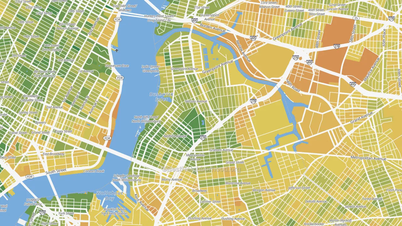 Map of the best neighborhoods in the Greenpoint, Brooklyn area, with better matches in green and worse matches in red