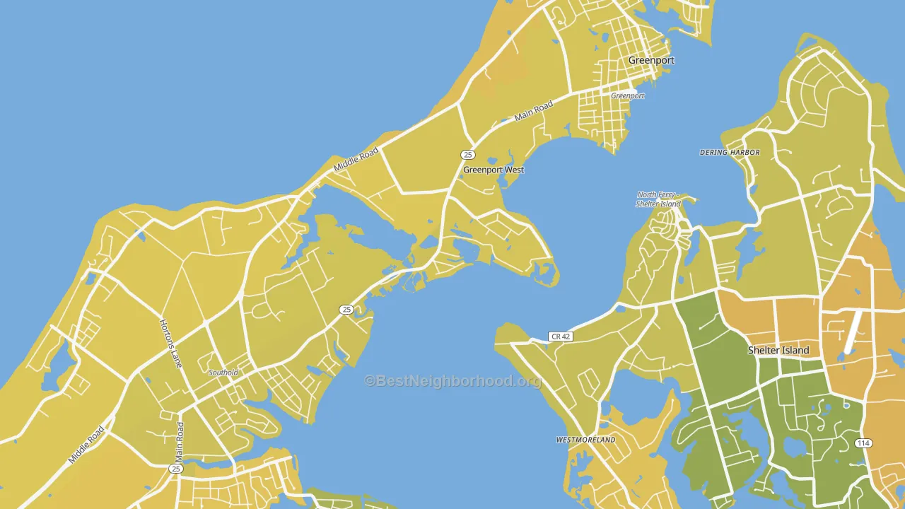 Map of the best neighborhoods in the Greenport West area, with better matches in green and worse matches in red