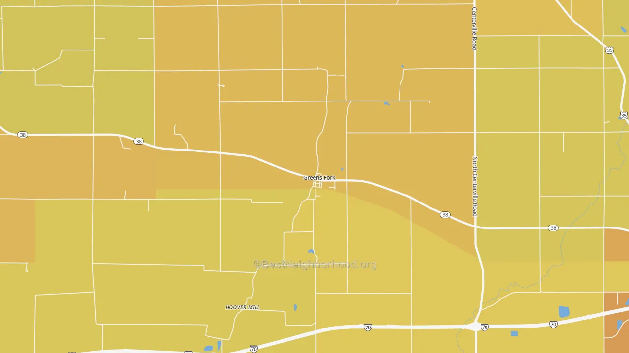 Map of the best neighborhoods in the Greens Fork area, with better matches in green and worse matches in red