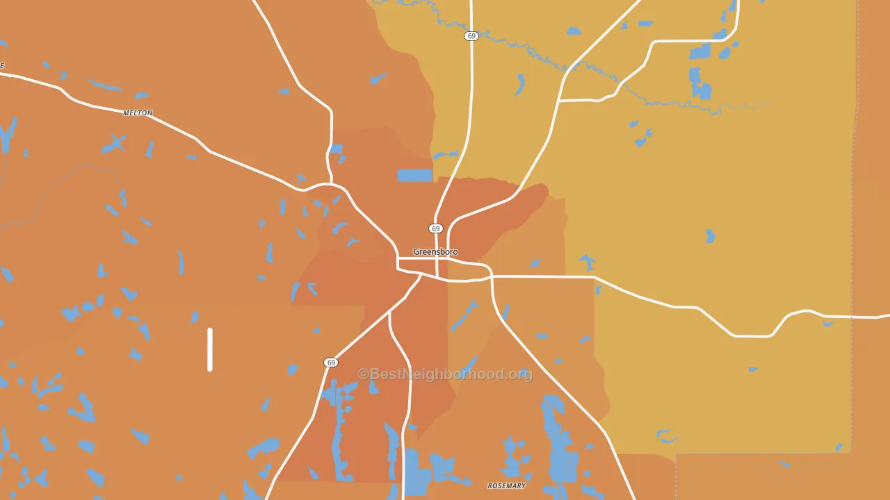 Map of the best neighborhoods in the Greensboro area, with better matches in green and worse matches in red
